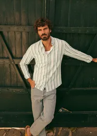Chemise Charlie Coton Lin - Écru Multirayures Vertes — view 4