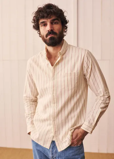 Chemise Charlie Coton Lin - Écru Rayures Fines Rouges