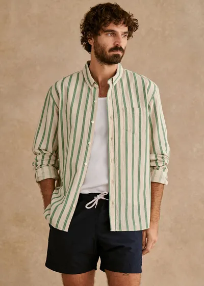 Chemise Charlie Coton Lin - Écru Rayures Vertes