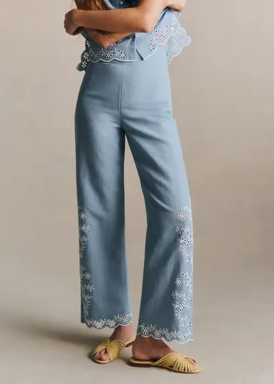 Pantalon Fausto - Broderie Contrastée Écru Fond Bleu Vintage