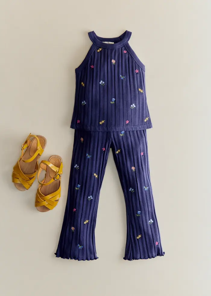 Pantalon Julia - Marine / Broderie Fleurs Herbier