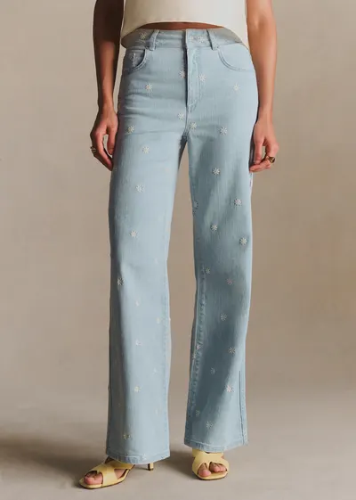 Pantalon Le New 70's - Broderie Écru Fond Bleach
