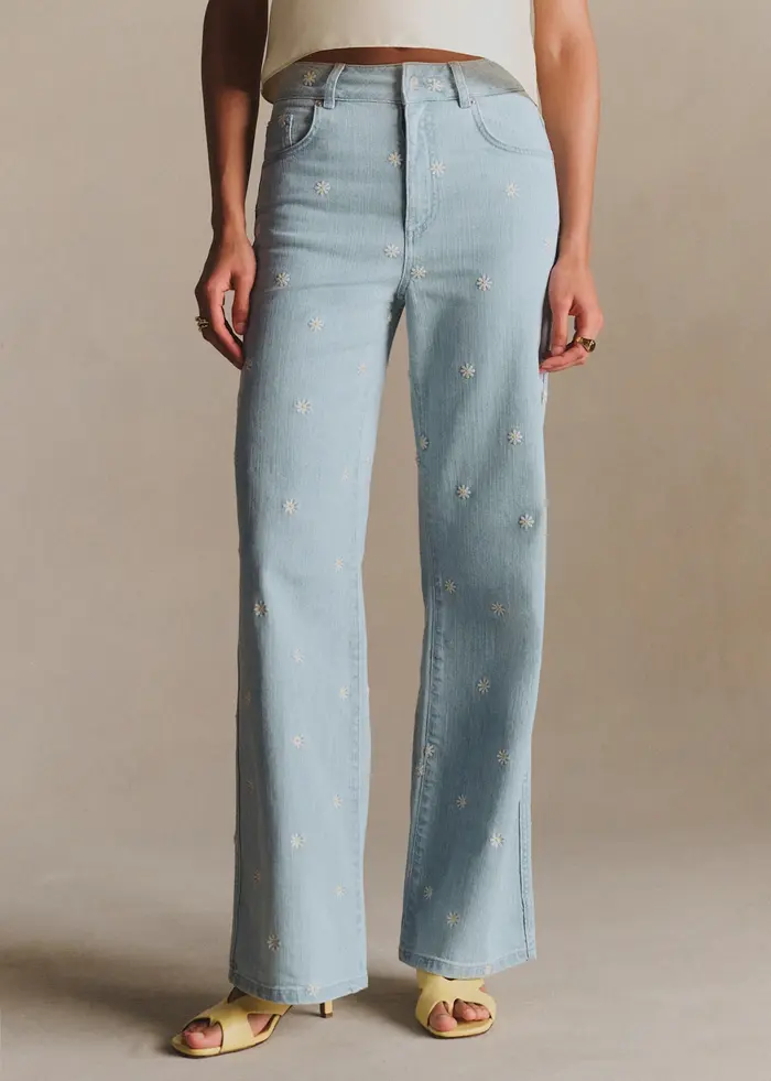 Pantalon Le New 70's - Broderie Écru Fond Bleach