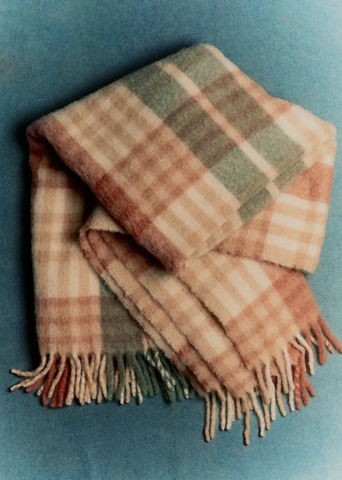 Plaid en mohair - Quadrillage sauge et caramel