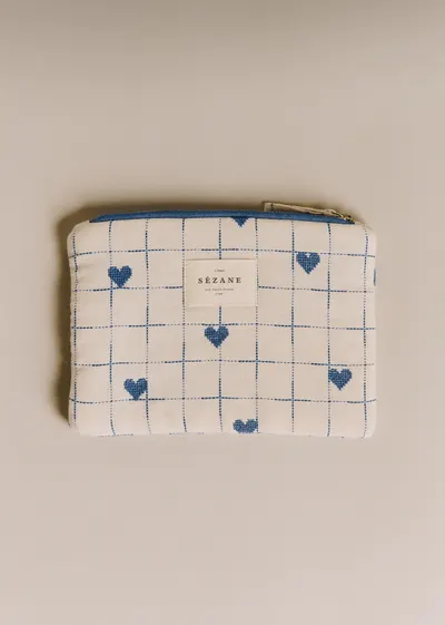 Pochette plate - Broderie Coeurs Bleu Vintage