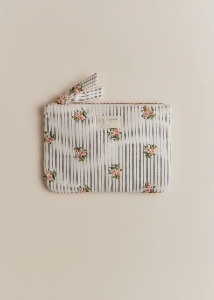 Pochette plate - Rayures Broderie Fleurs
