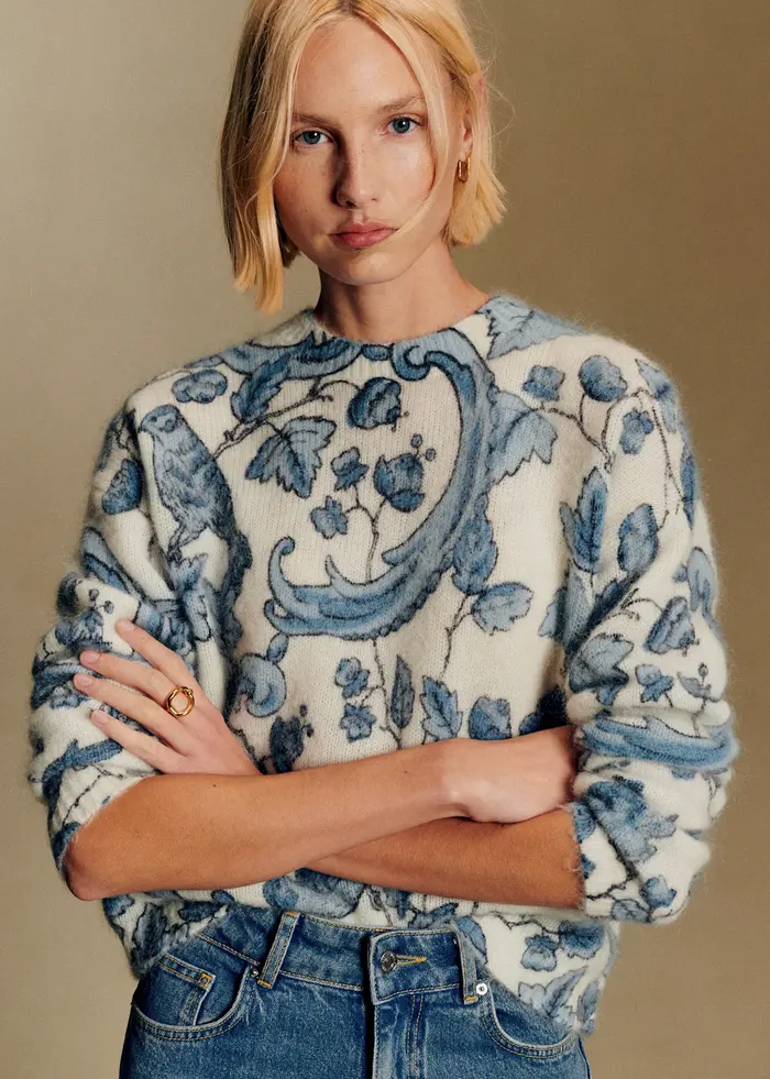 Pull Thibault - Sézane x Antoinette Poisson - Imprimé Oiseaux Bleus