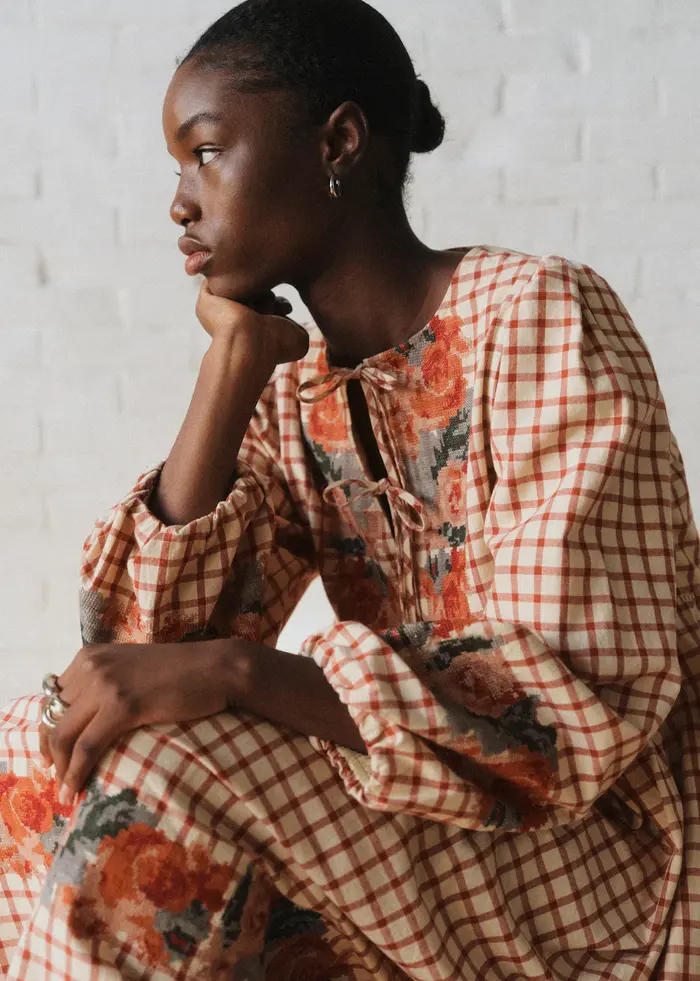 Robe Dakila - Sézane x SEA NY - Broderie Placée Terre Fond À Carreaux