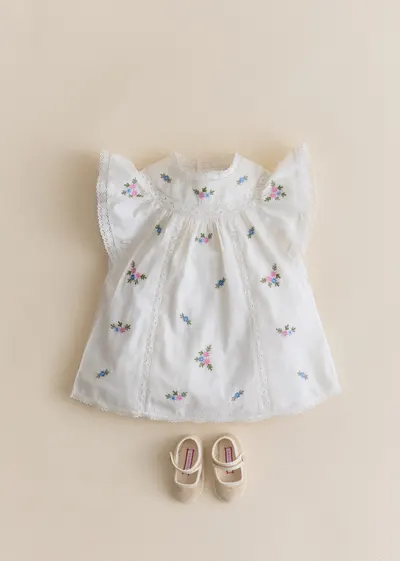 Robe Dorrie - Broderie Placée Fleurs Multico Fond Crème