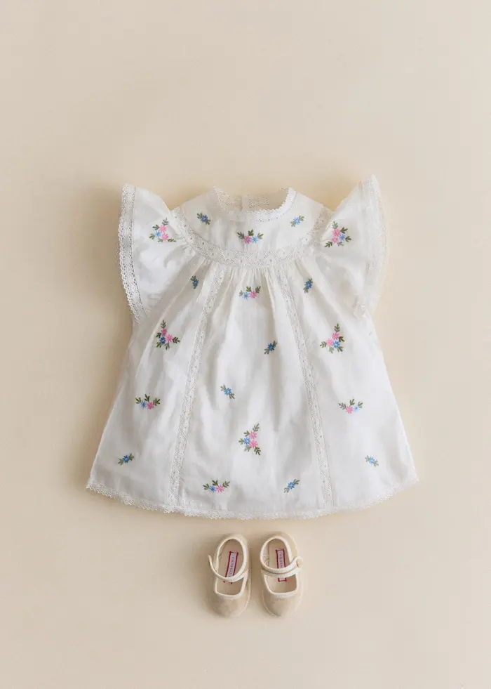 Robe Dorrie - Broderie Placée Fleurs Multico Fond Crème