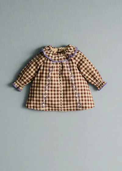 Robe Hélo - Vichy Marron Broderies Lila