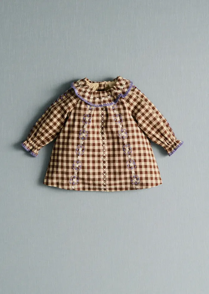 Robe Hélo - Vichy Marron Broderies Lila
