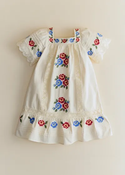 Robe Liara - Broderie Placée Fleur Multico Fond Ecru