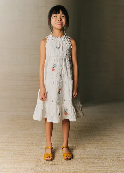 Robe Rebecca - Broderie Contrastée Tricolore Fond Ecru