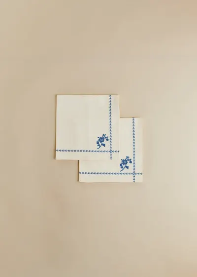Set de 2 serviettes brodées - Broderie Bleu Fond Ecru