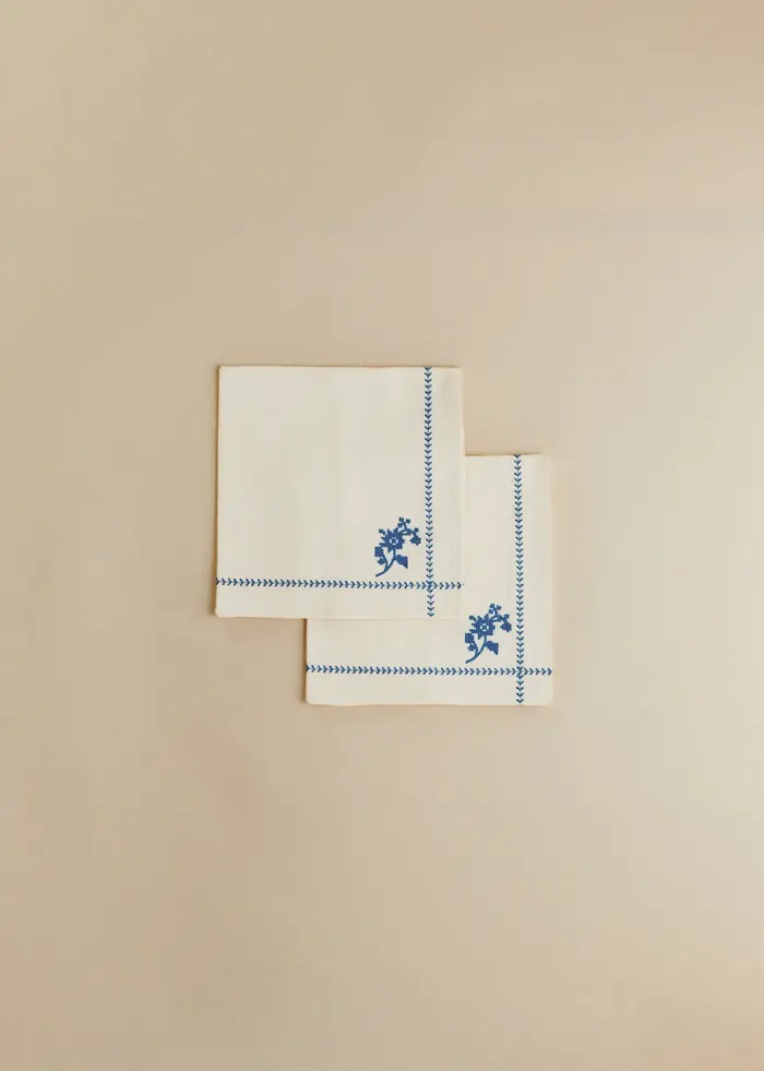 Set de 2 serviettes brodées - Broderie Bleu Fond Ecru