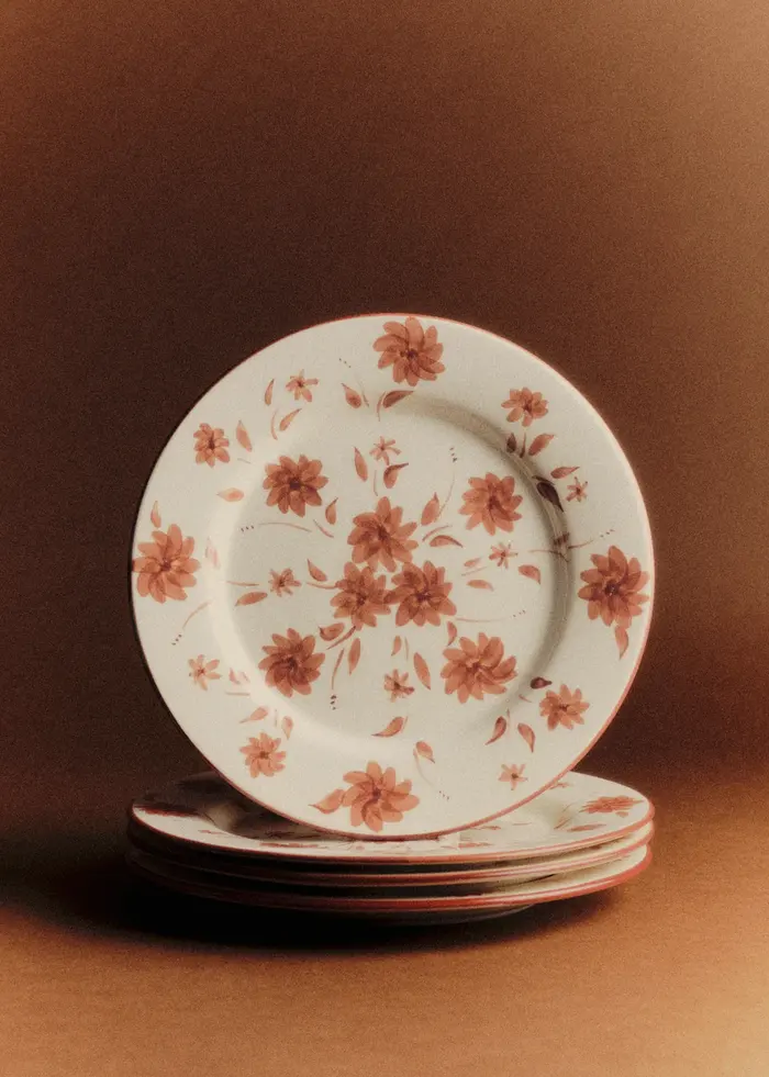 Set de 4 assiettes plates - Fleurs de Jardin - Terre de sienne