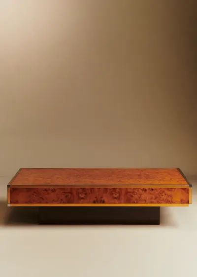 Table basse en loupe d'orme finition laiton et piètement bois - Loupe d'orme