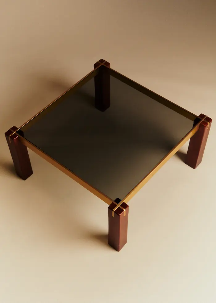 Table basse vintage carrée laiton, bois et verre fumé - Laiton et Bois