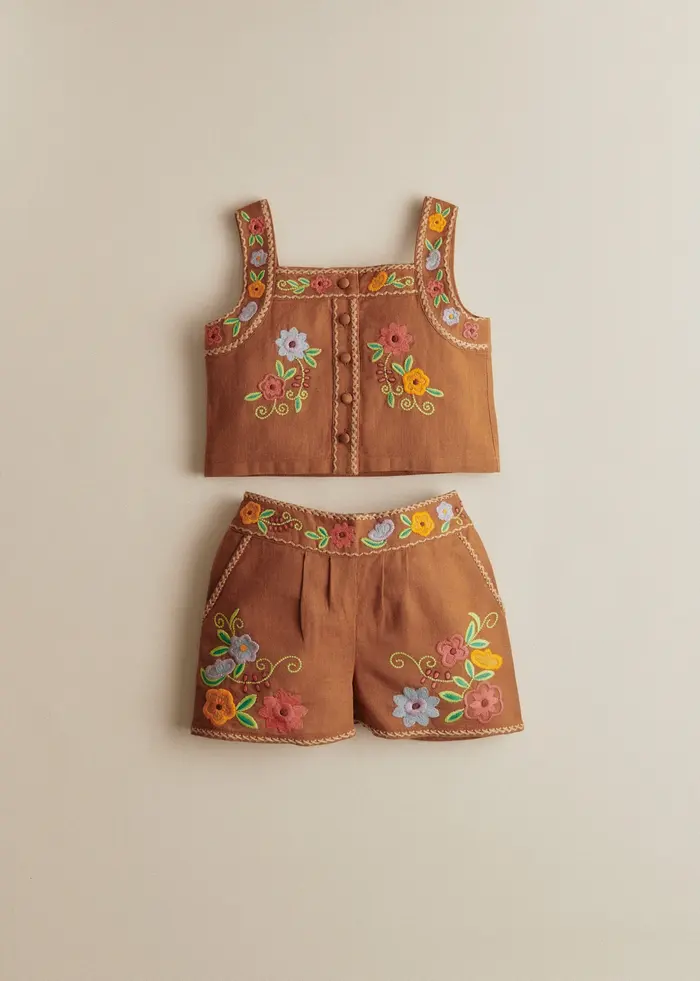 Top Paloma - Broderie Contrastée Fond Marron