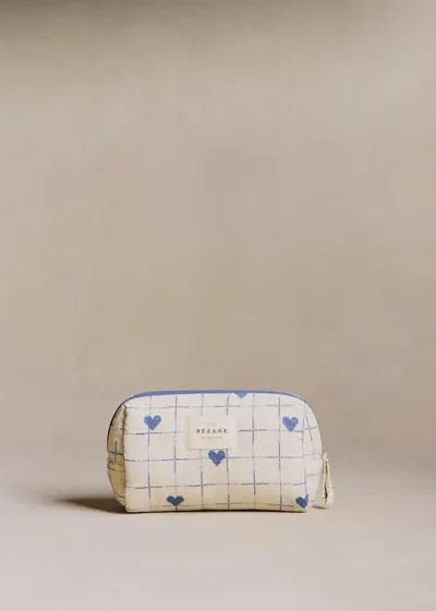 Trousse de beauté - Broderie Coeurs Bleu Vintage