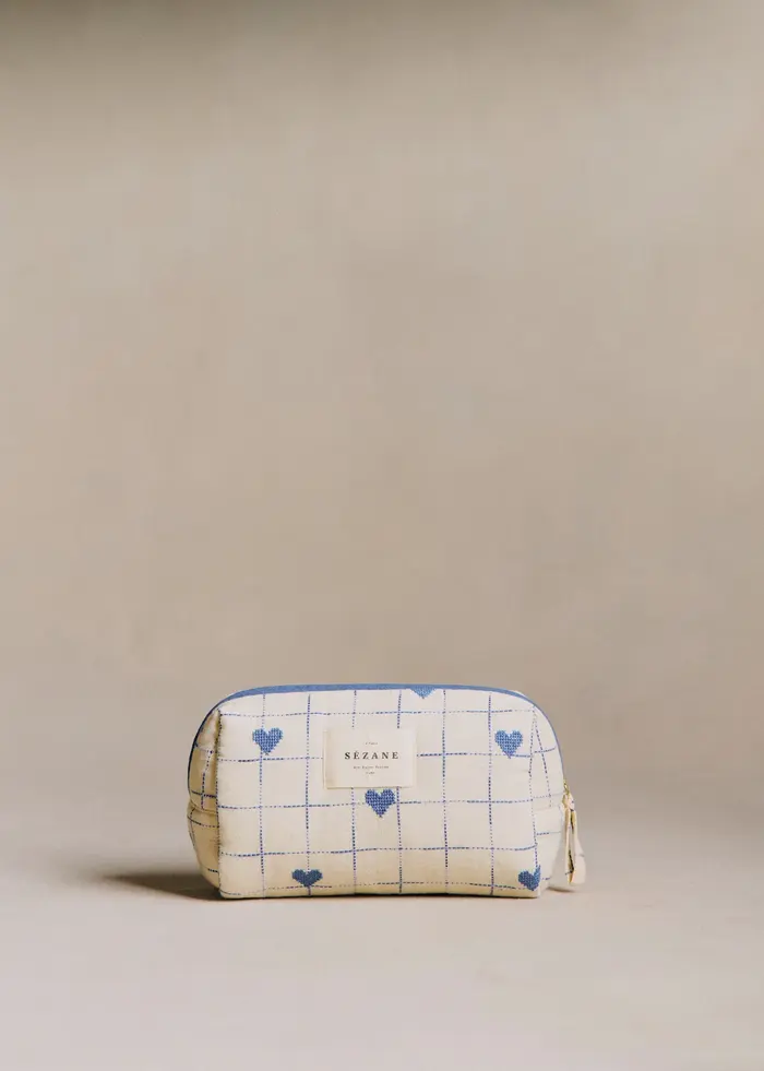 Trousse de beauté - Broderie Coeurs Bleu Vintage