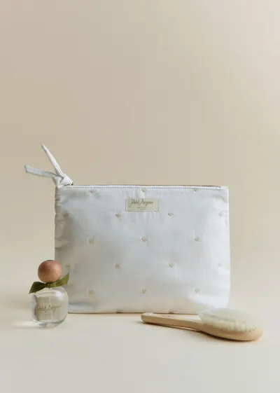 Trousse de toilette zippée - Blanc Broderie Coeur Beige