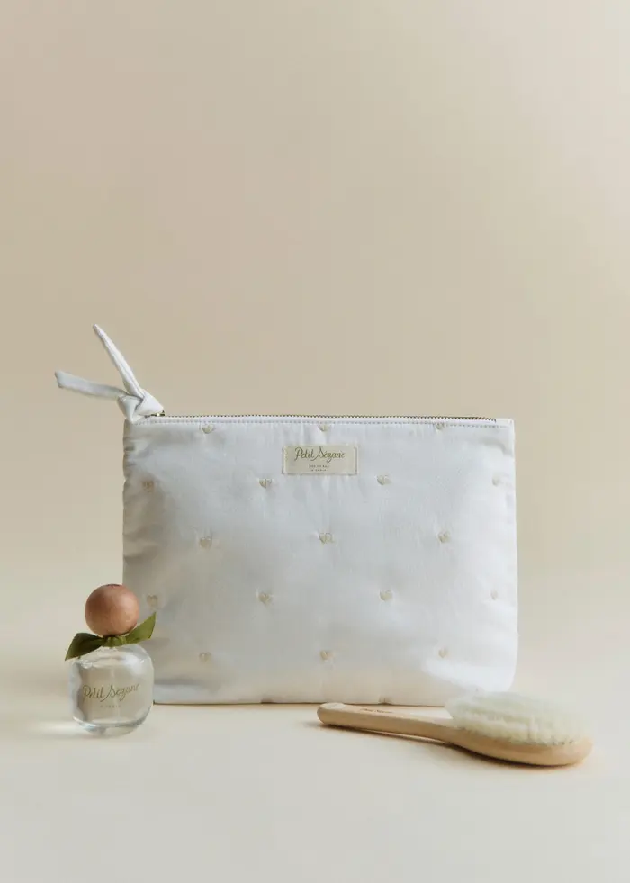 Trousse de toilette zippée - Blanc Broderie Coeur Beige