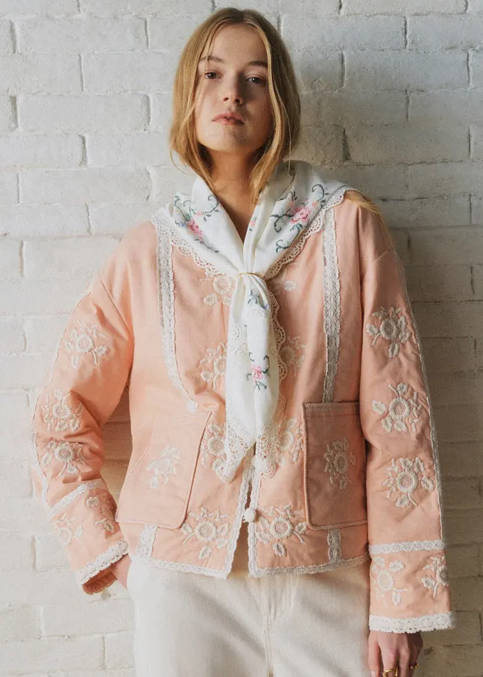 Veste Dakota - Sézane x SEA NY - Broderie Contrastée Écru Fond Rose Pastel